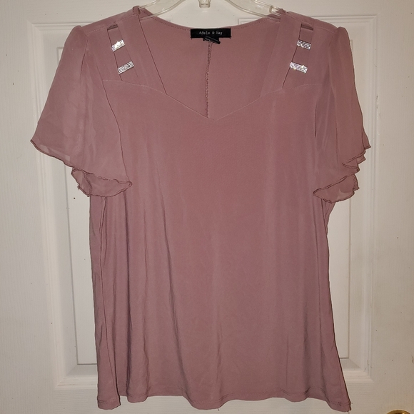5 for $20 | Adele & May Sweetheart Neckline Blouse with Sheer Short Sleeves - Picture 1 of 9